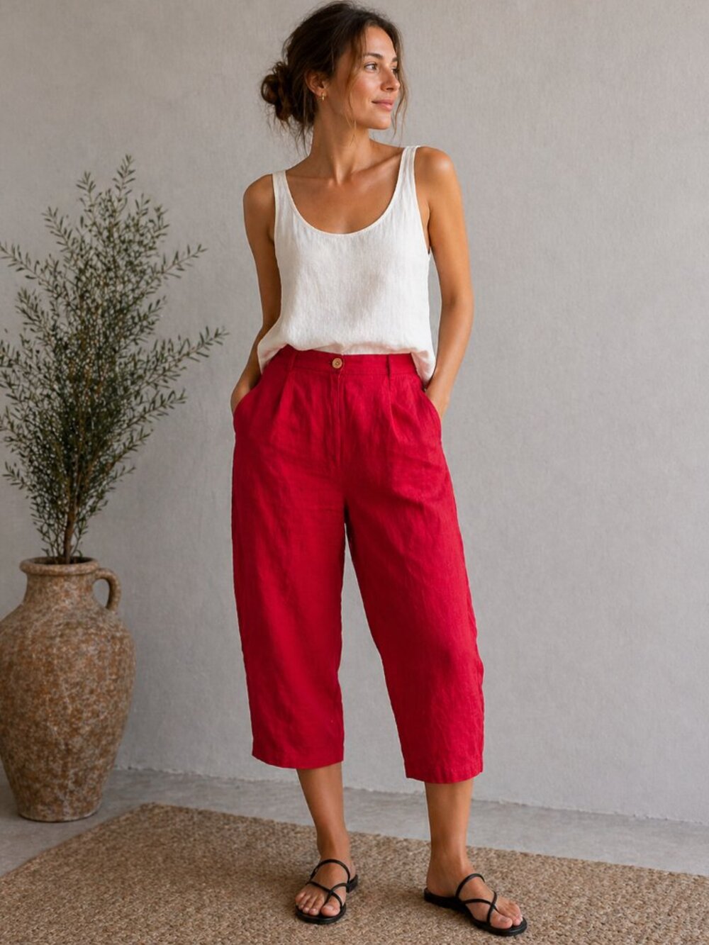 Jodhpur Galeries Lafayette 100% Red Linen Pants Women Size M EU40 High Waist